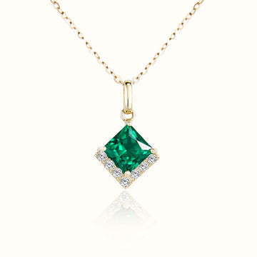 14K Gold Emerald Square Pendant Necklace