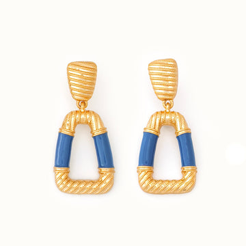 18K Gold Plated Vintage Veil Blue Enamel Pendant Earrings